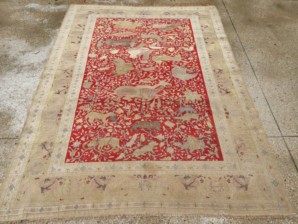 Antique Turkish Silk Kayseri Pictoral Rug, No.23691 - Staging