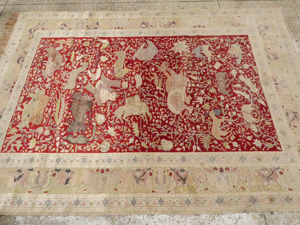 Antique Turkish Silk Kayseri Pictoral Rug, No.23691 - Staging