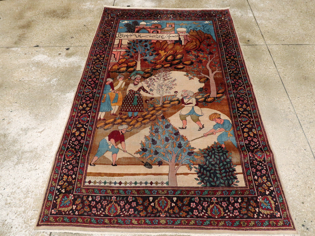 Vintage Indian Lahore Pictorial Rug, No.23797 - Staging