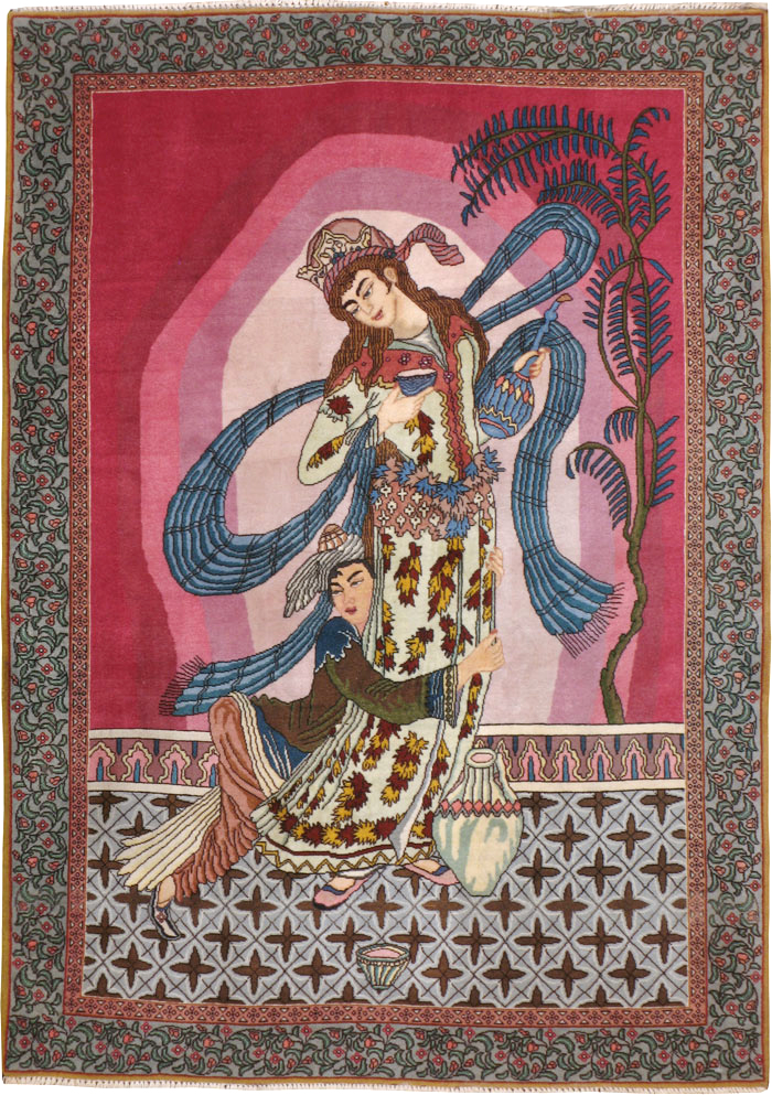 Vintage Persian Tabriz Pictorial Throw Rug, No.23847 - Staging
