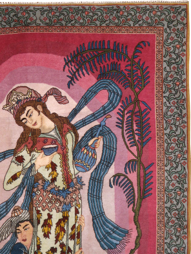 Vintage Persian Tabriz Pictorial Throw Rug (Pair: 1 of 2), No.23847 - Staging