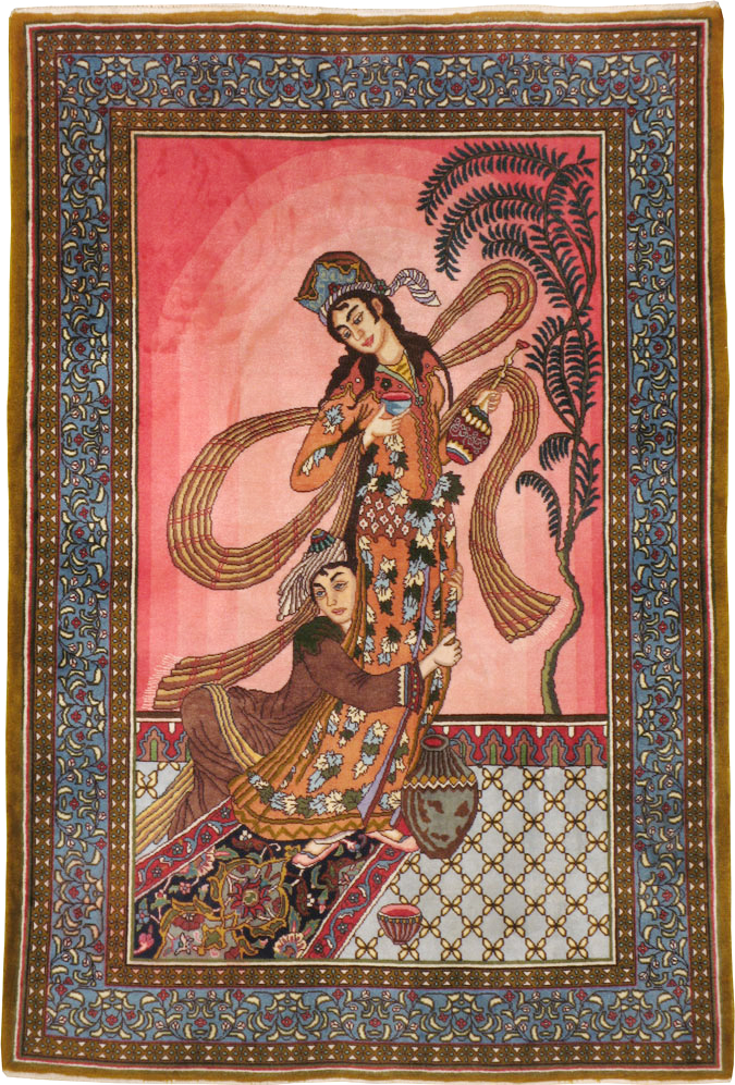 Vintage Persian Tabriz Pictorial Throw Rug (Pair: 2 of 2), No.23848 - Staging