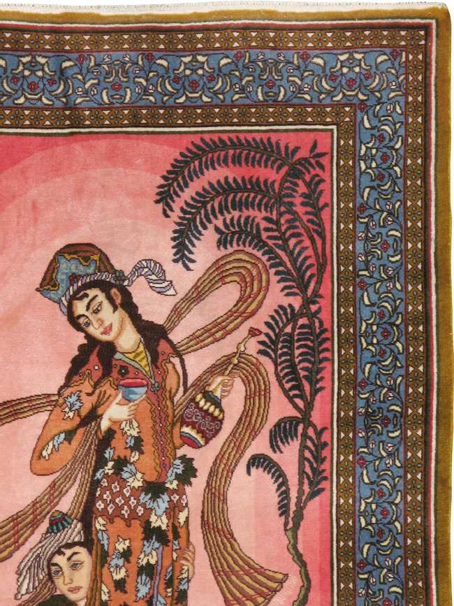 Vintage Persian Tabriz Pictorial Throw Rug (Pair: 2 of 2), No.23848 - Staging