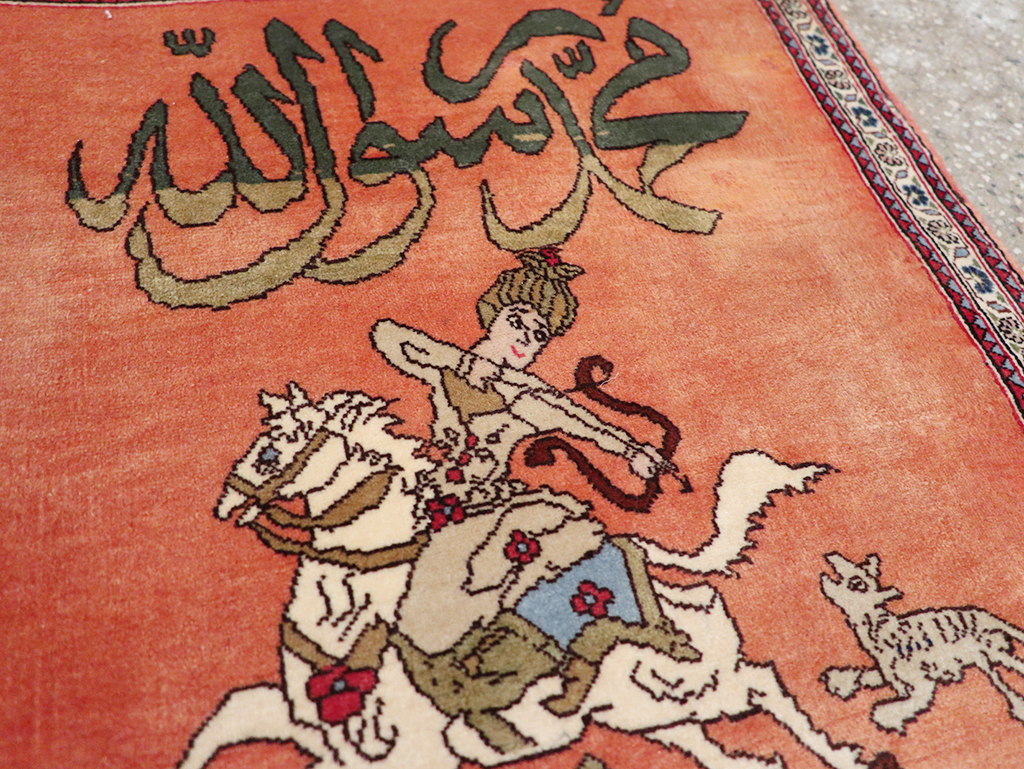 Vintage Persian Tabriz Pictorial Throw Rug, No.23951 - Staging