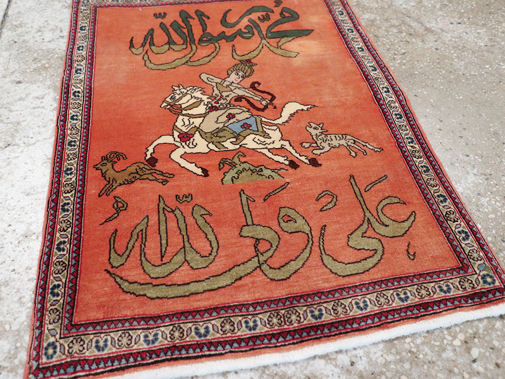 Vintage Persian Tabriz Pictorial Throw Rug, No.23951 - Staging