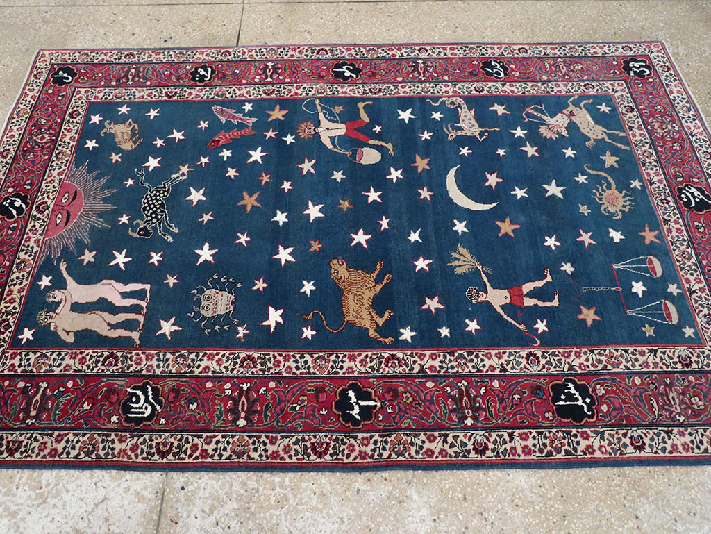 Antique Persian Mashad Pictorial Accent Rug, No.24010 - Staging