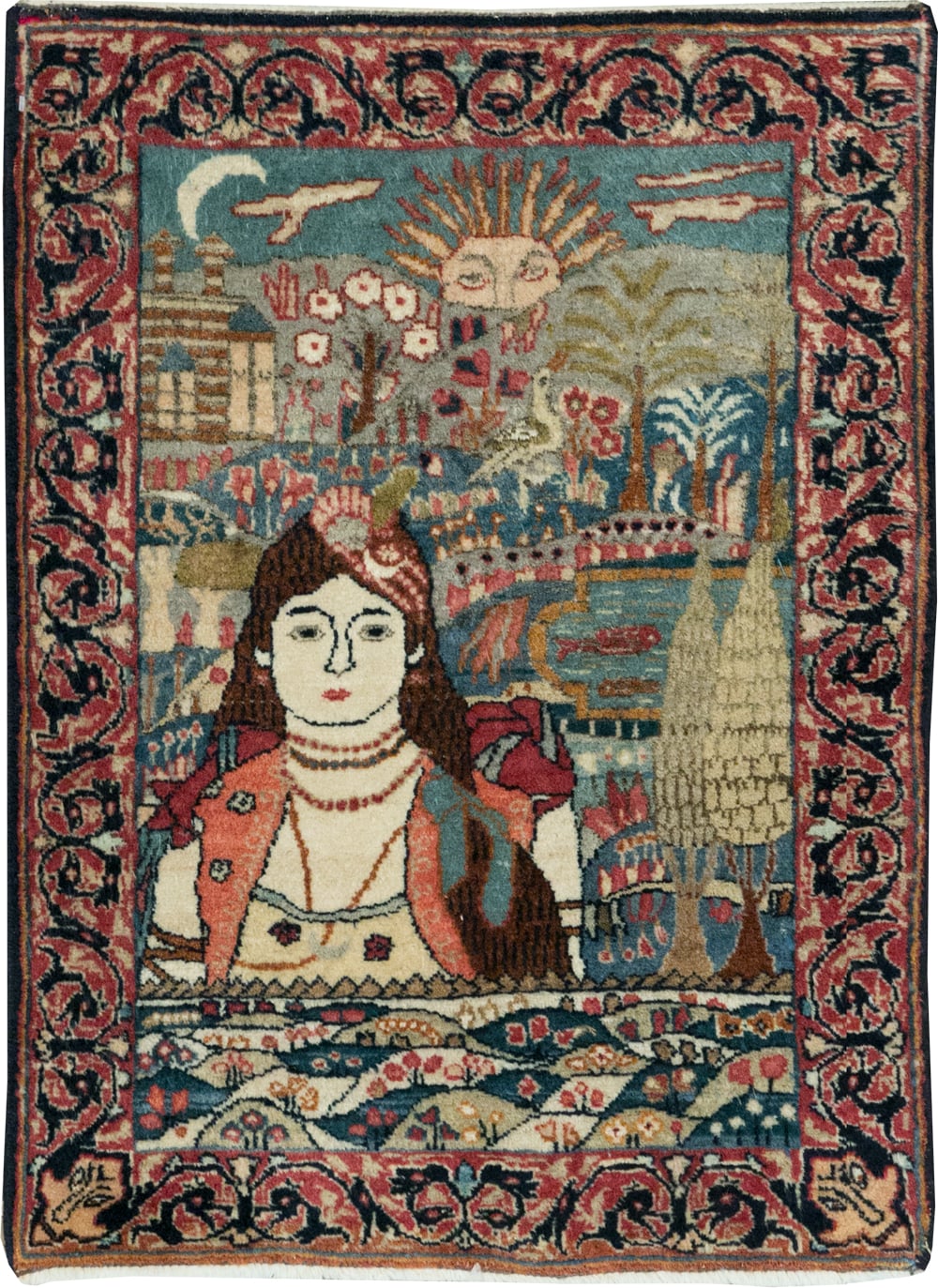 Antique Persian Lavar Kerman Pictorial Rug, No.24245 - Staging