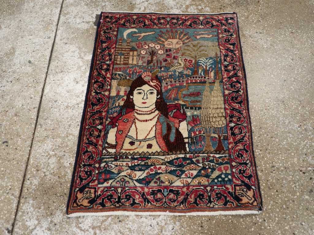 Antique Persian Lavar Kerman Pictorial Rug, No.24245 - Staging