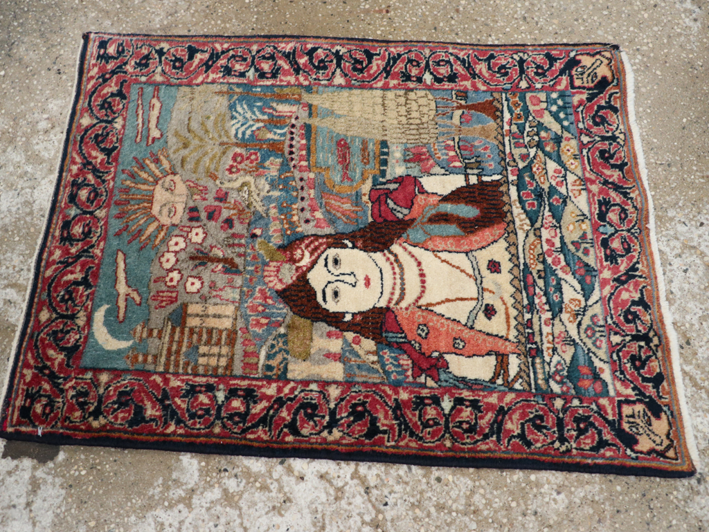 Antique Persian Lavar Kerman Pictorial Rug, No.24245 - Staging