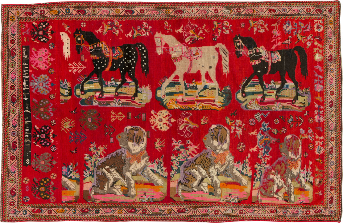 Vintage Caucasian Karabagh Pictorial Accent Rug, No.24487 - Staging