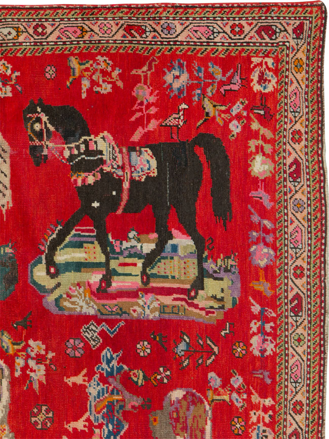 Vintage Caucasian Karabagh Pictorial Accent Rug, No.24487 - Staging