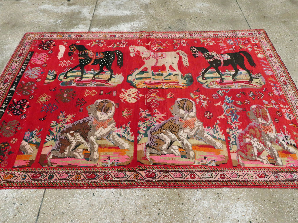 Vintage Caucasian Karabagh Pictorial Accent Rug, No.24487 - Staging