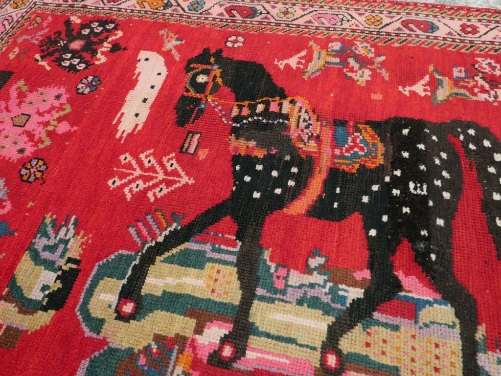 Vintage Caucasian Karabagh Pictorial Accent Rug, No.24487 - Staging