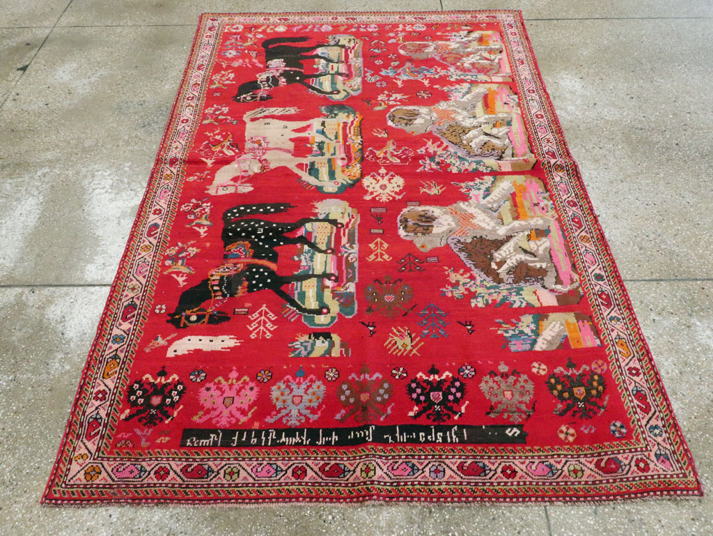 Vintage Caucasian Karabagh Pictorial Accent Rug, No.24487 - Staging