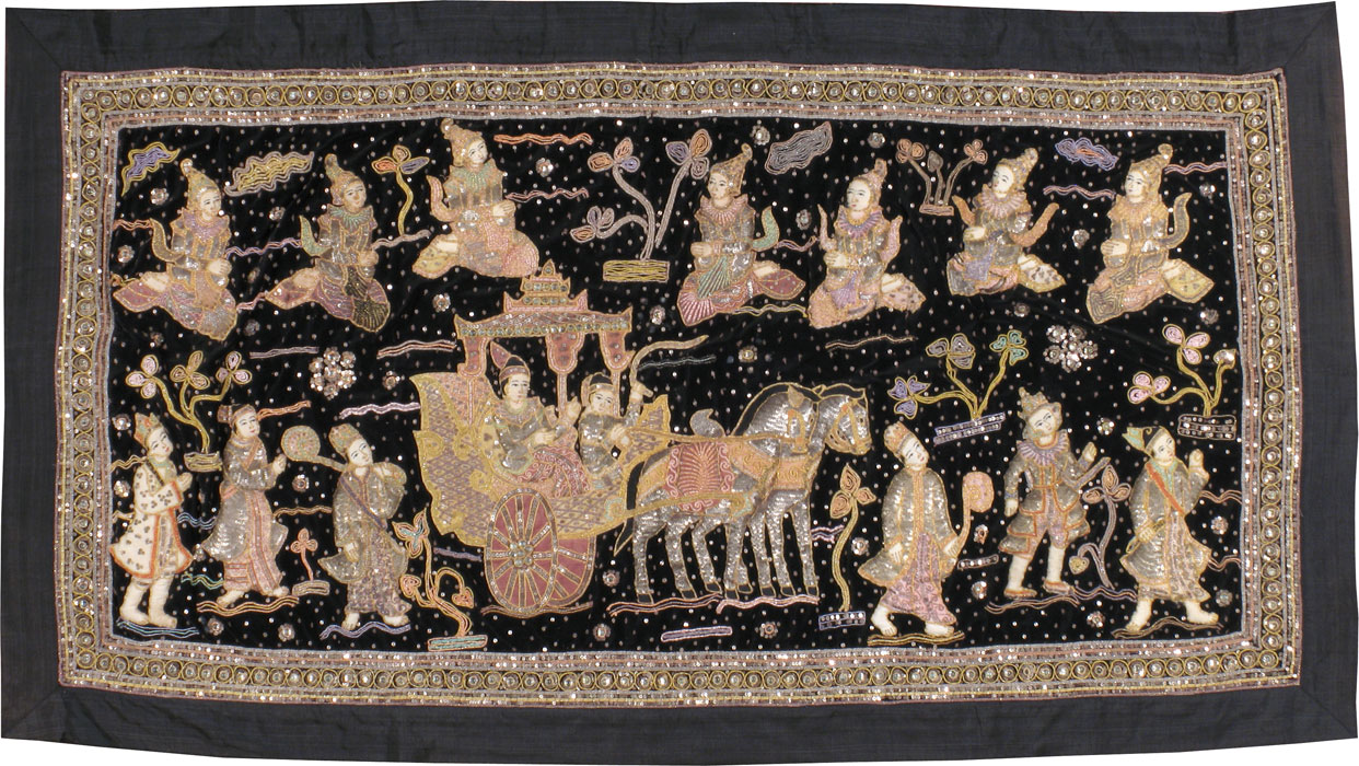 Burmese High Relief Richly Embroidered and Beaded Tapestry, No.24512 - Staging
