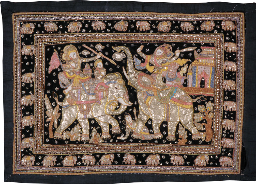 Burmese High Relief Richly Embroidered and Beaded Tapestry, No.24648 - Staging