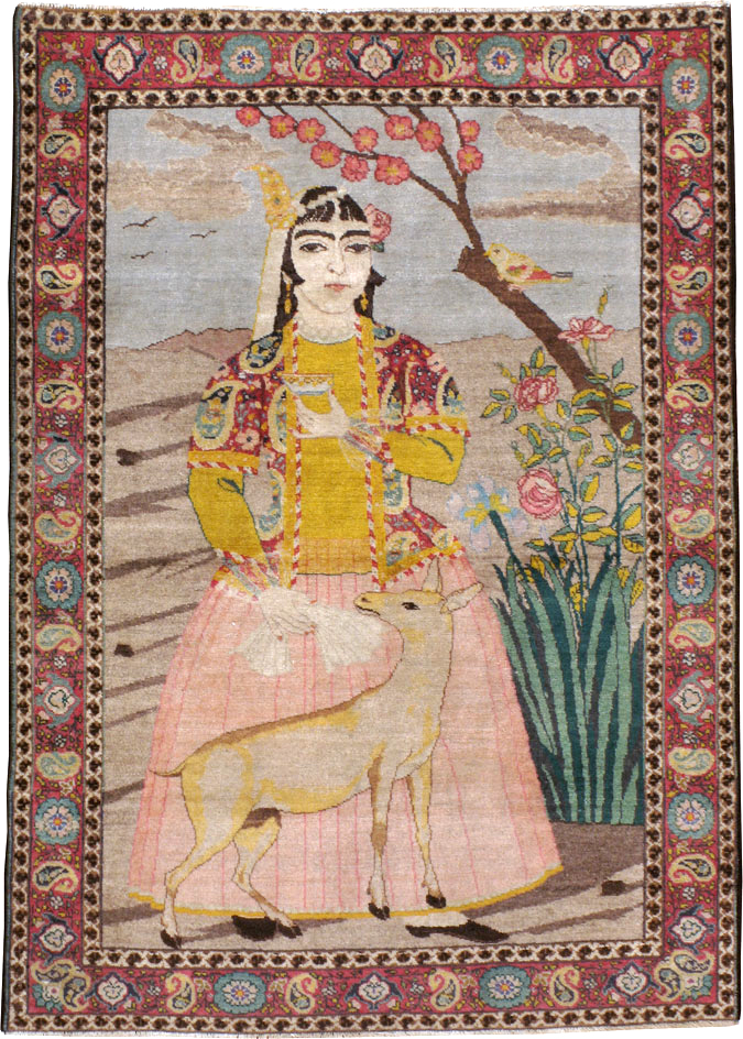 Vintage Persian Tabriz Pictorial Throw Rug, No.24666 - Staging