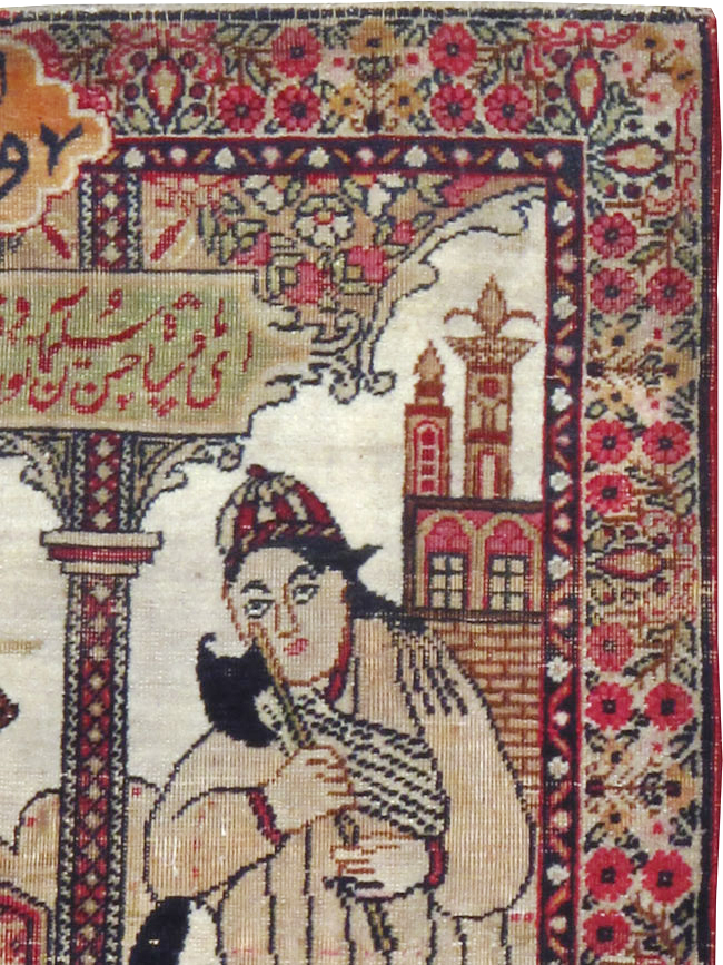 Antique Persian Lavar Kerman Pictorial Throw Rug (Pair: 1 of 2), No.24993 - Staging