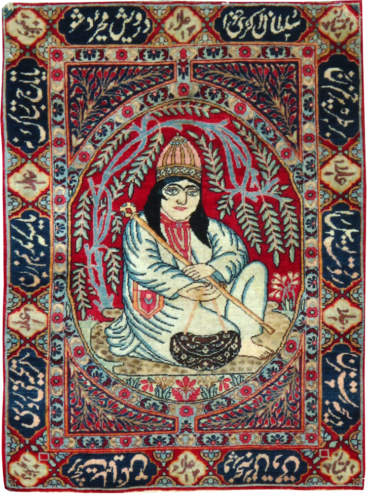 Antique Persian Lavar Kerman Pictorial Rug, No.25000 - Staging