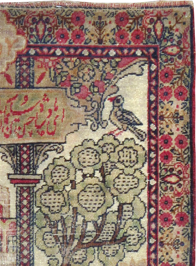 Antique Persian Lavar Kerman Pictorial Throw Rug, No.25005 - Staging