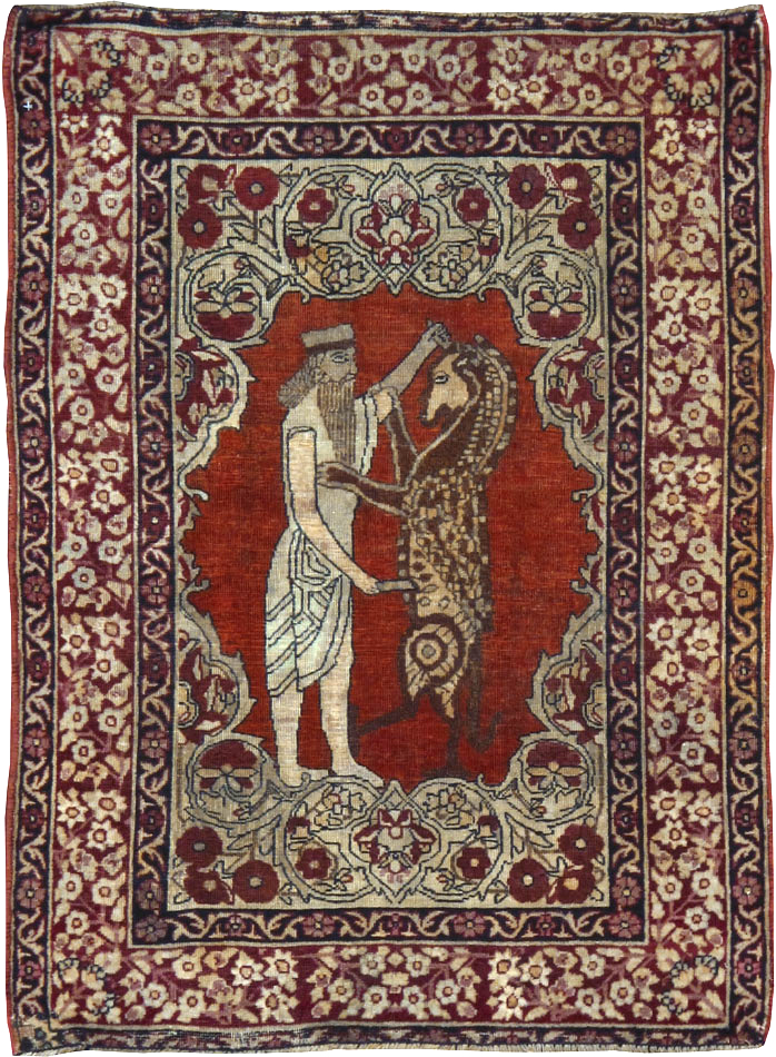 Antique Persian Lavar Kerman Pictorial Throw Rug, No.25014 - Staging