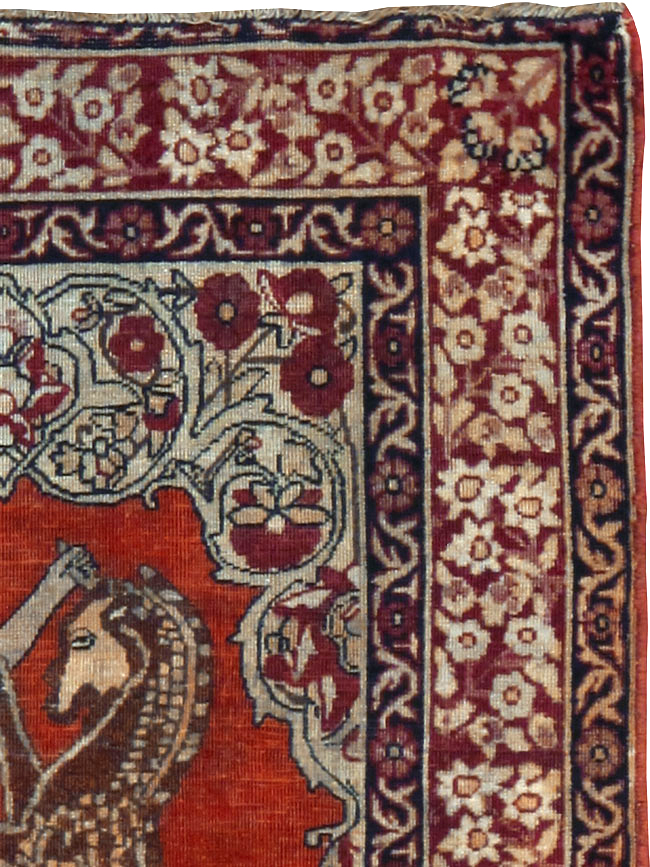 Antique Persian Lavar Kerman Pictorial Throw Rug, No.25014 - Staging