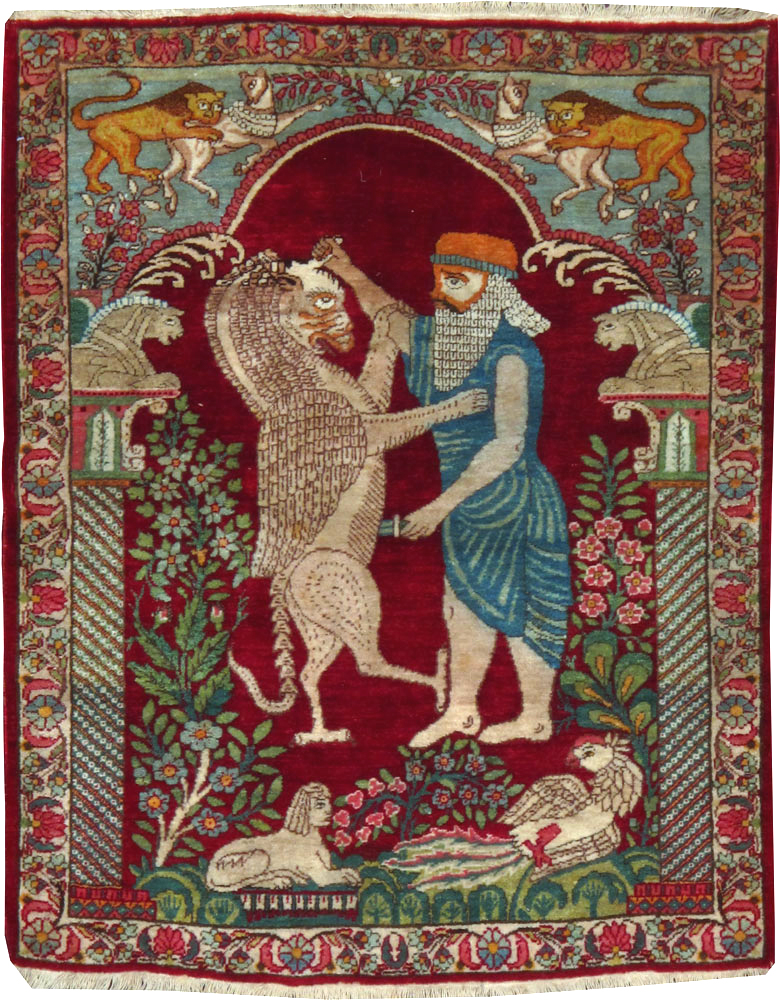 Antique Persian Lavar Kerman Pictorial Rug, No.25015 - Staging