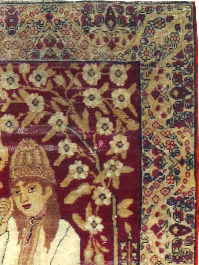 Vintage Persian Lavar Kerman Pictorial Rug, No.25017 - Staging