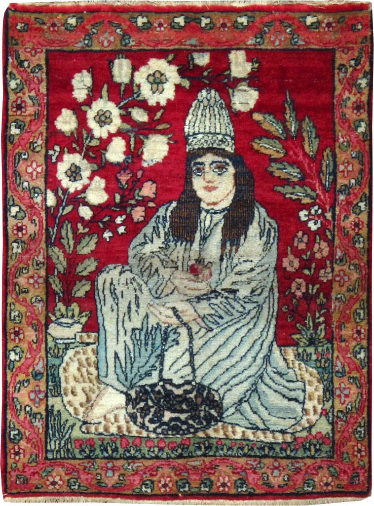 Antique Persian Lavar Kerman Pictorial Rug, No.25018 - Staging