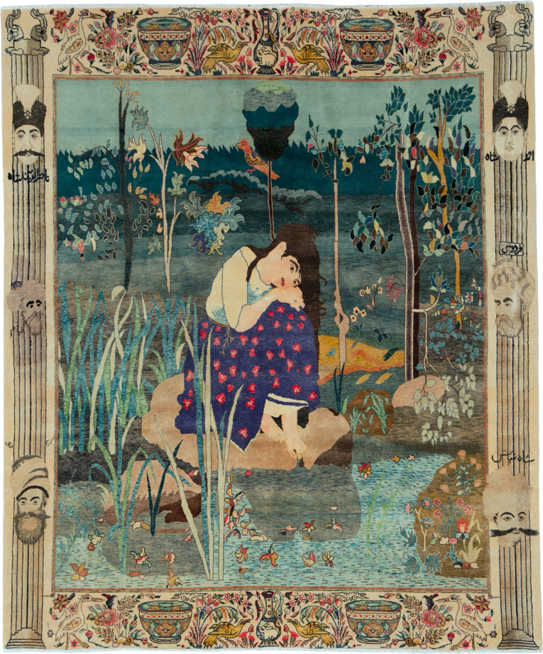 Vintage Persian Tabriz Pictorial Rug, No.25153 - Staging