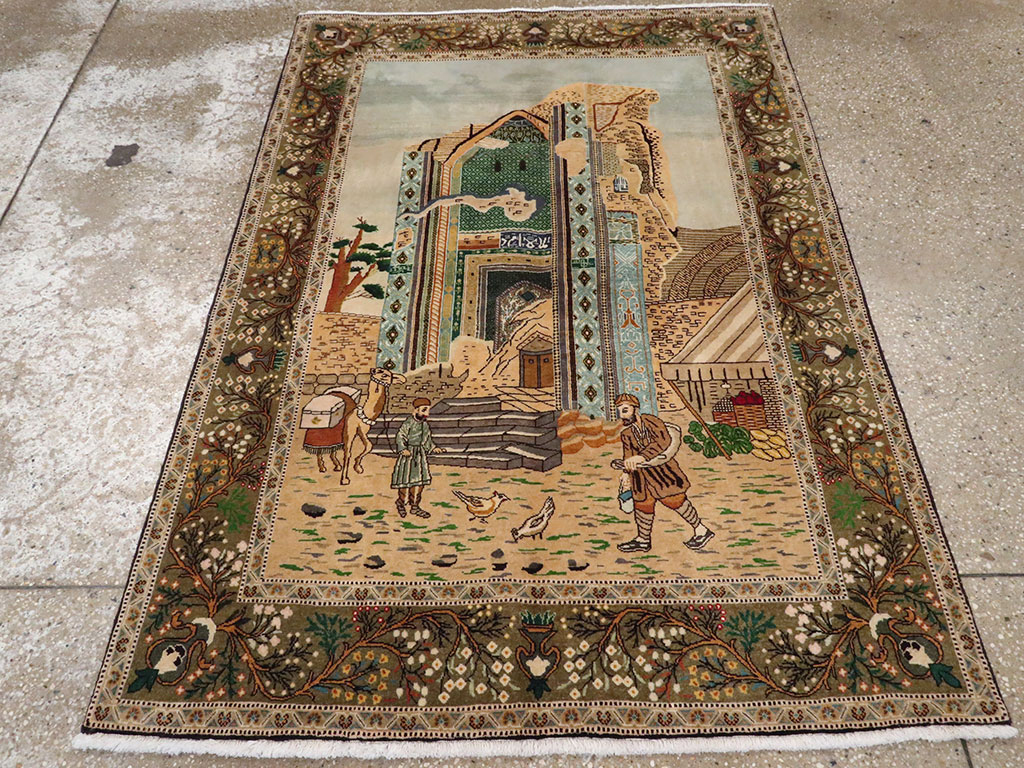 Vintage Persian Tabriz Pictorial Rug, No.25243 - Staging