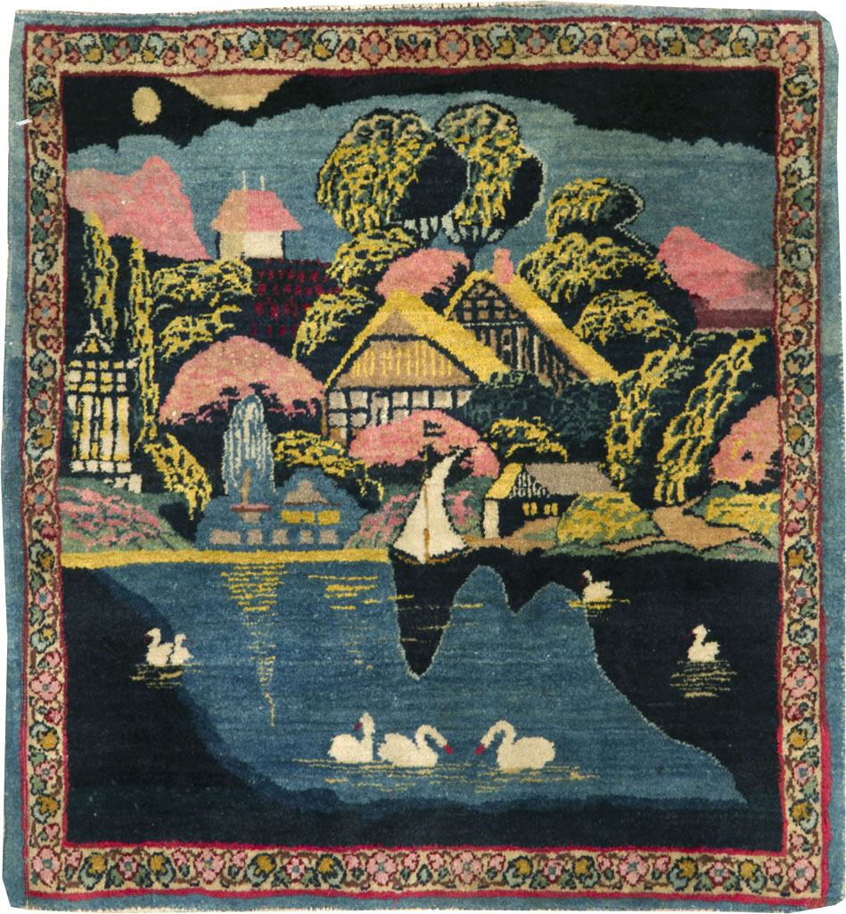 Vintage Persian Kerman Pictorial Rug, No.25357 - Staging