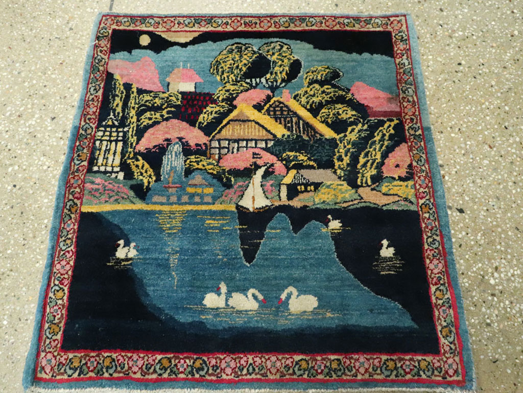 Vintage Persian Kerman Pictorial Rug, No.25357 - Staging
