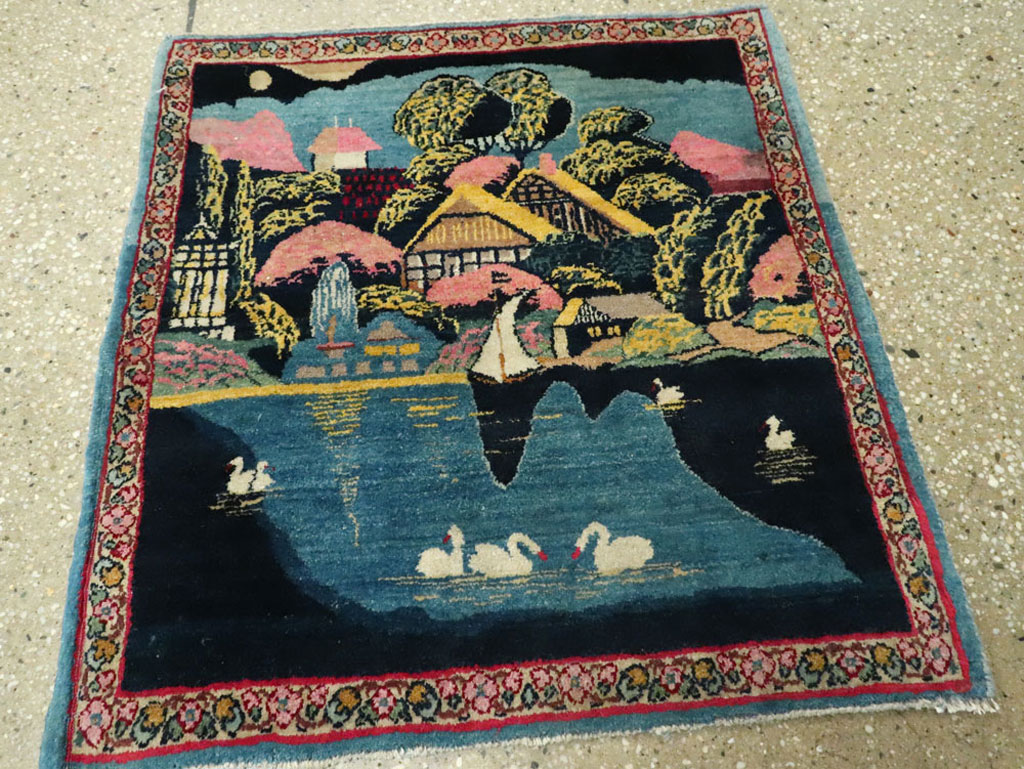 Vintage Persian Kerman Pictorial Rug, No.25357 - Staging