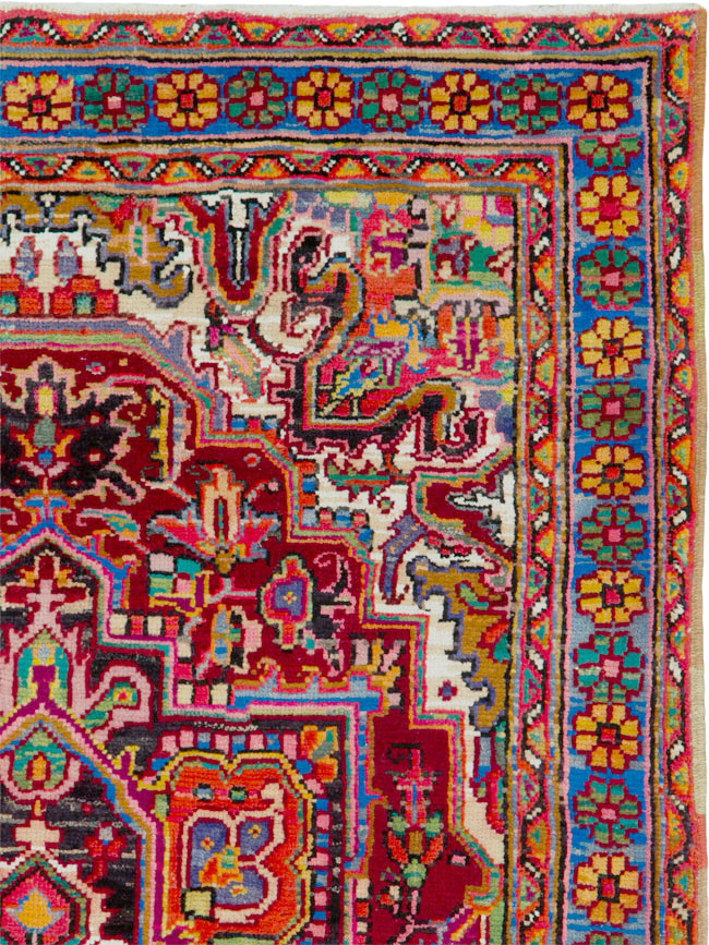 Vintage Persian Heriz Throw Rug (Pair: 1 of 2), No.25376 - Staging