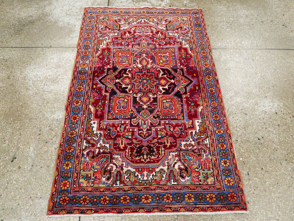Vintage Persian Heriz Throw Rug (Pair: 1 of 2), No.25376 - Staging