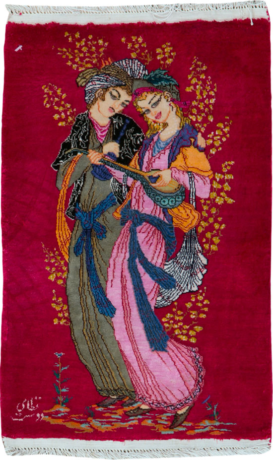 Vintage Persian Quom Pictorial Rug, No.25479 - Staging