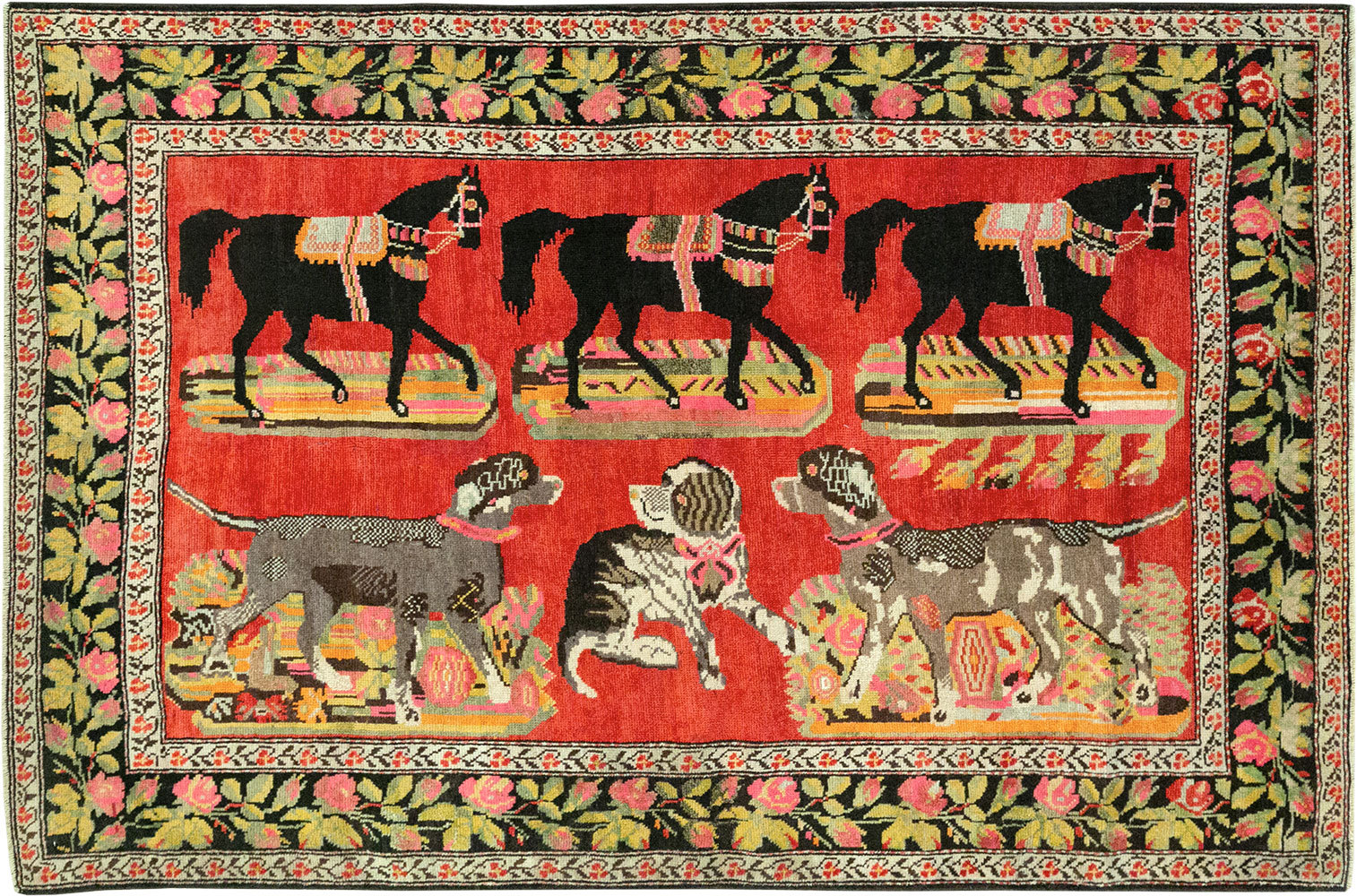 Vintage Caucasian Karabagh Pictorial Accent Rug, No.25651 - Staging