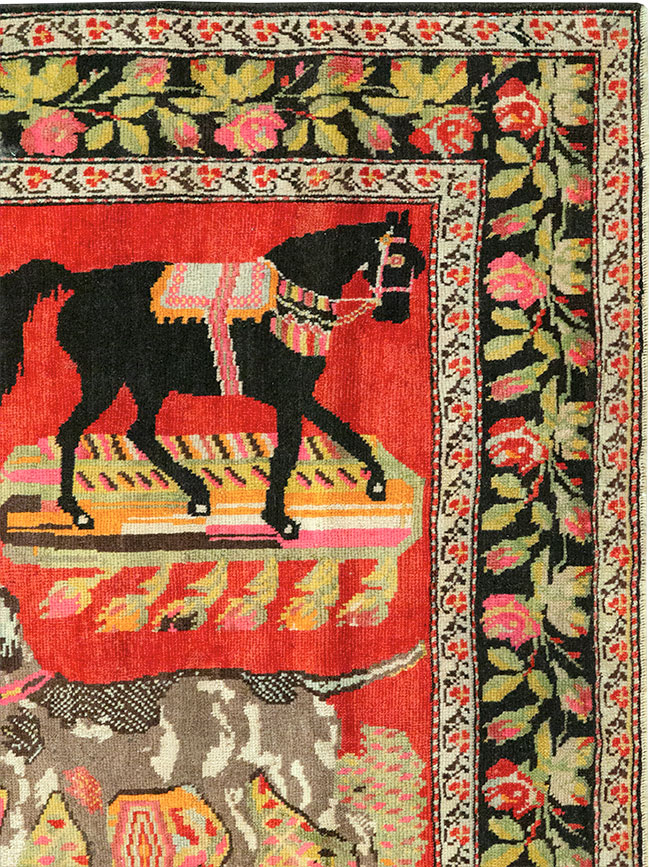 Vintage Caucasian Karabagh Pictorial Accent Rug, No.25651 - Staging