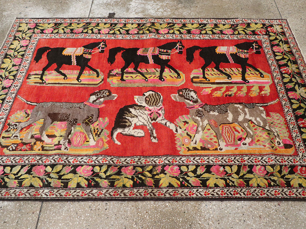 Vintage Caucasian Karabagh Pictorial Accent Rug, No.25651 - Staging