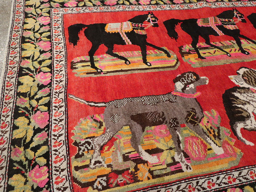 Vintage Caucasian Karabagh Pictorial Accent Rug, No.25651 - Staging