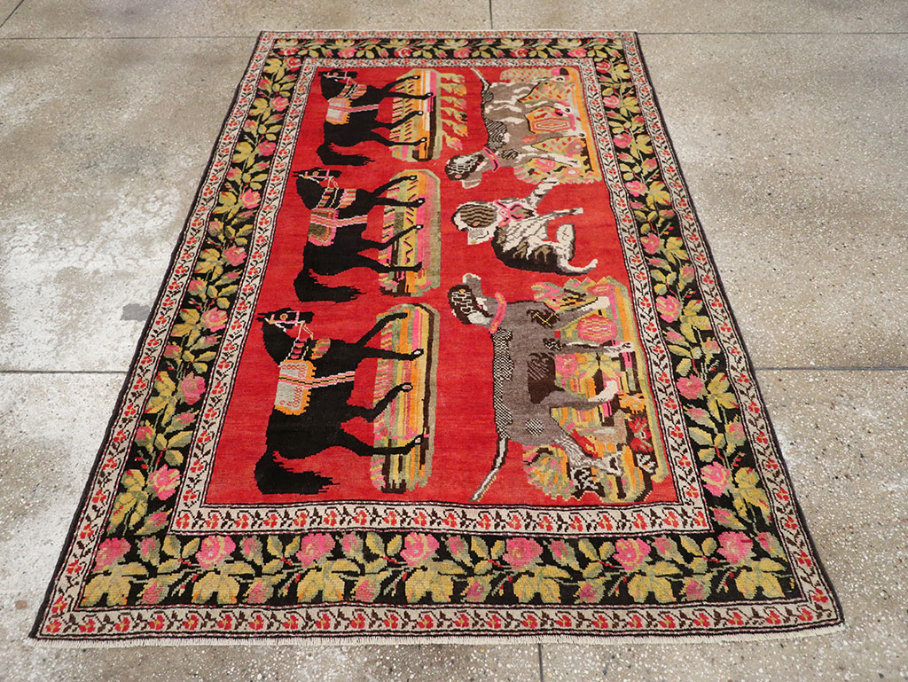 Vintage Caucasian Karabagh Pictorial Accent Rug, No.25651 - Staging