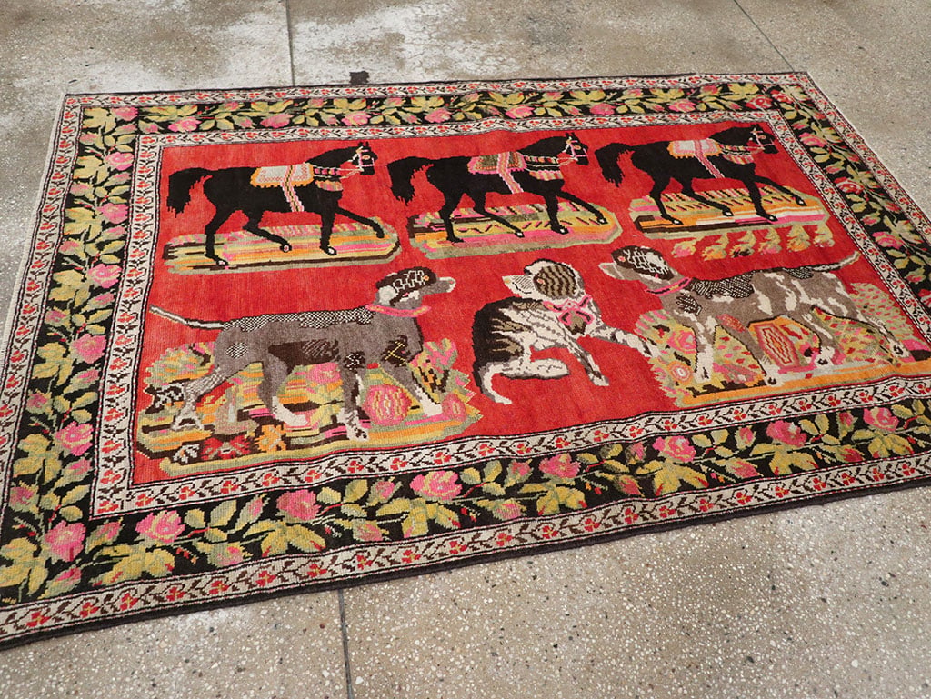 Vintage Caucasian Karabagh Pictorial Accent Rug, No.25651 - Staging