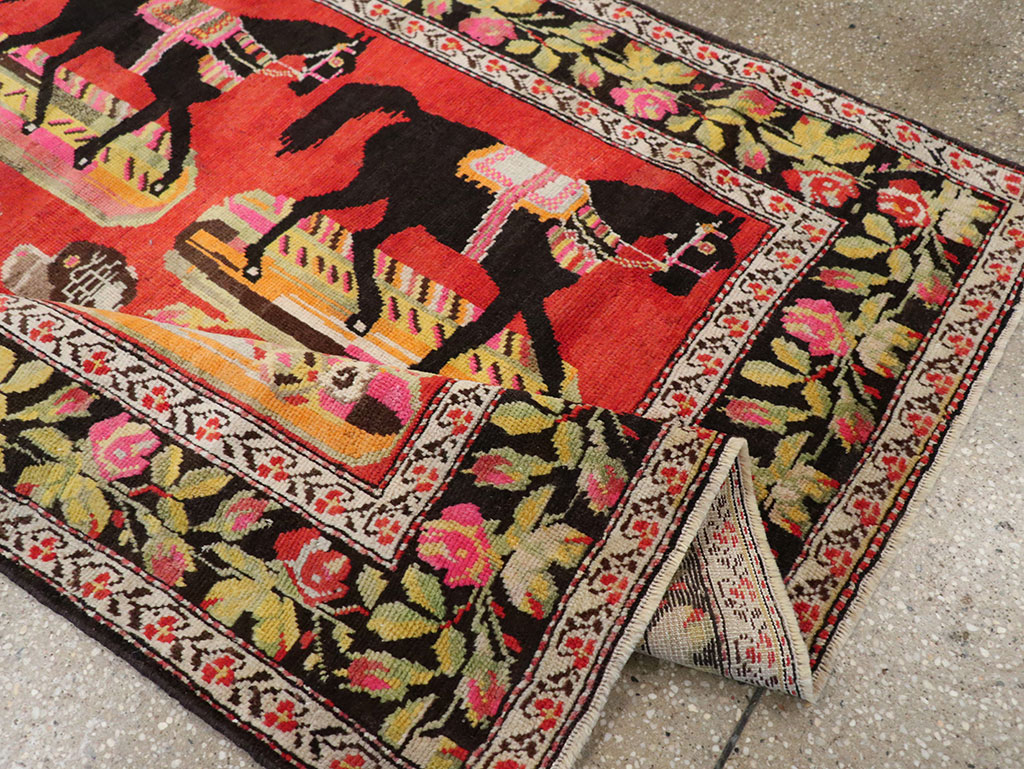 Vintage Caucasian Karabagh Pictorial Accent Rug, No.25651 - Staging