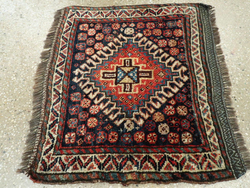 Antique Persian Qashqai Square Throw Rug, No.26038 - Staging