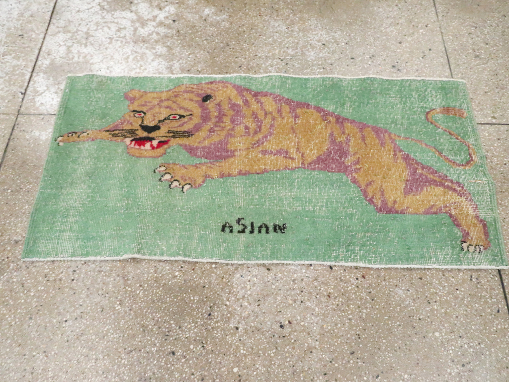 Vintage Turkish Anatolian Pictorial Throw Rug, No.26451 - Staging