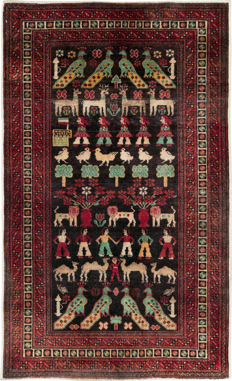 Vintage Persian Baluch Pictorial Rug, No.26464 - Staging