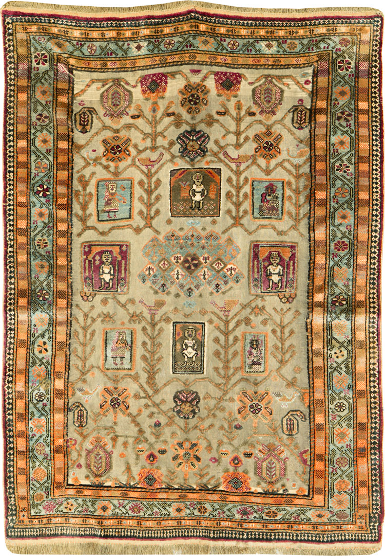 Silk Antique Persian Shiraz Pictorial Souf Throw Rug, No.26503 - Staging