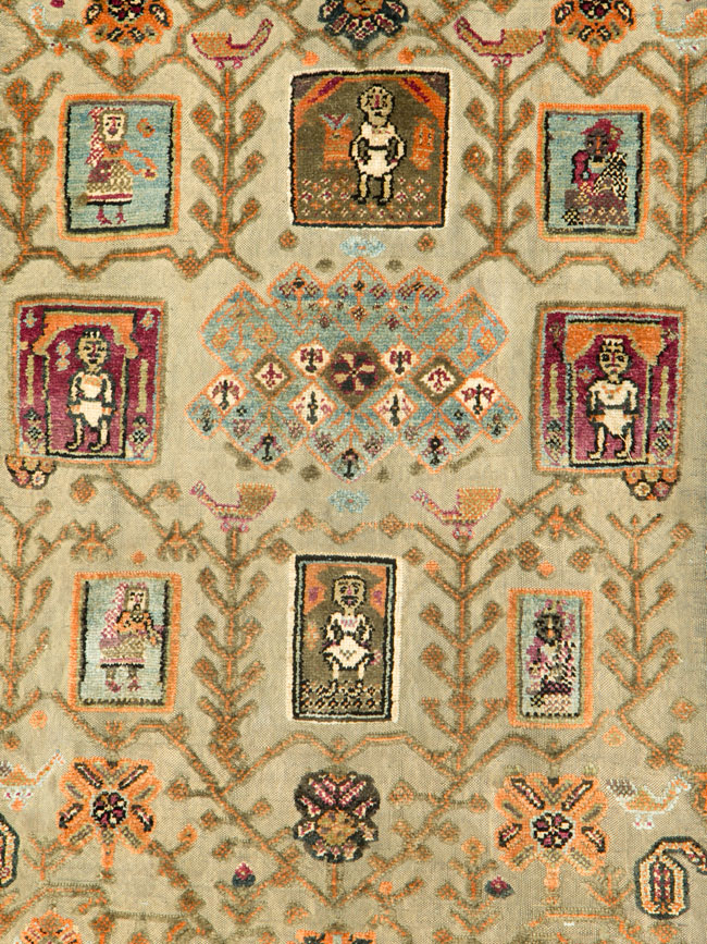Silk Antique Persian Shiraz Pictorial Souf Throw Rug, No.26503 - Staging