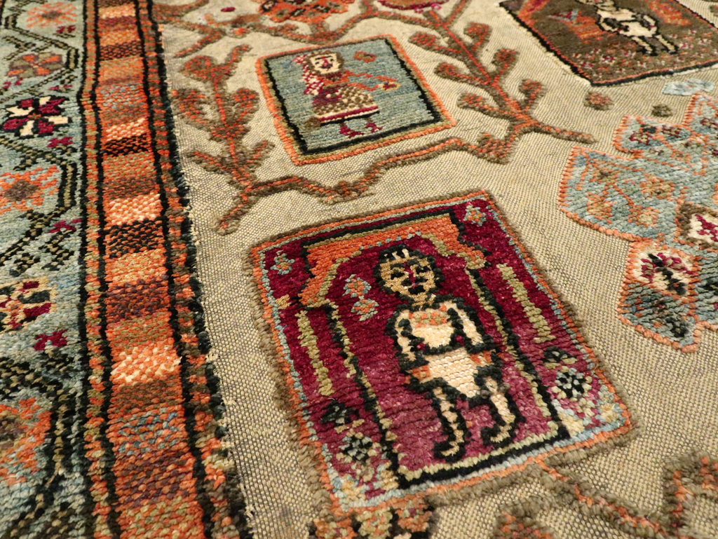 Silk Antique Persian Shiraz Pictorial Souf Throw Rug, No.26503 - Staging